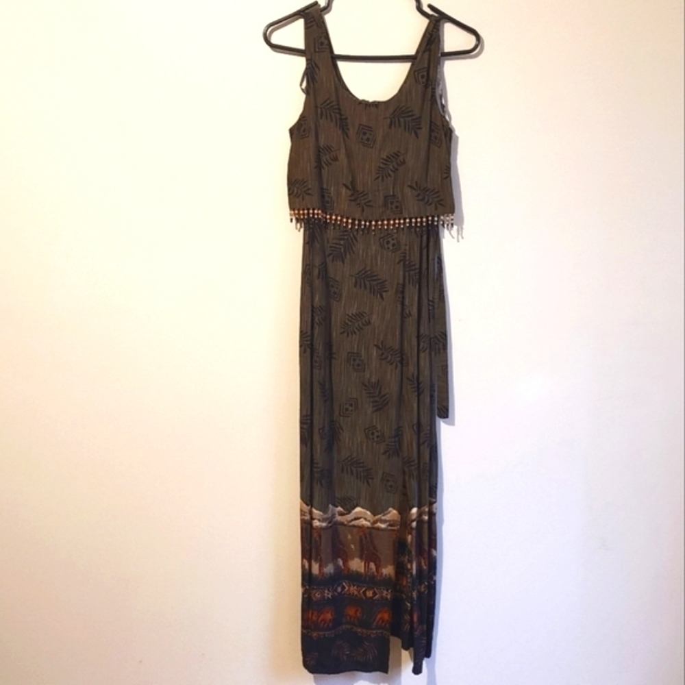 Vintage Safari Giraffe Maxi Dress - Made in Indonesia - Olive Green